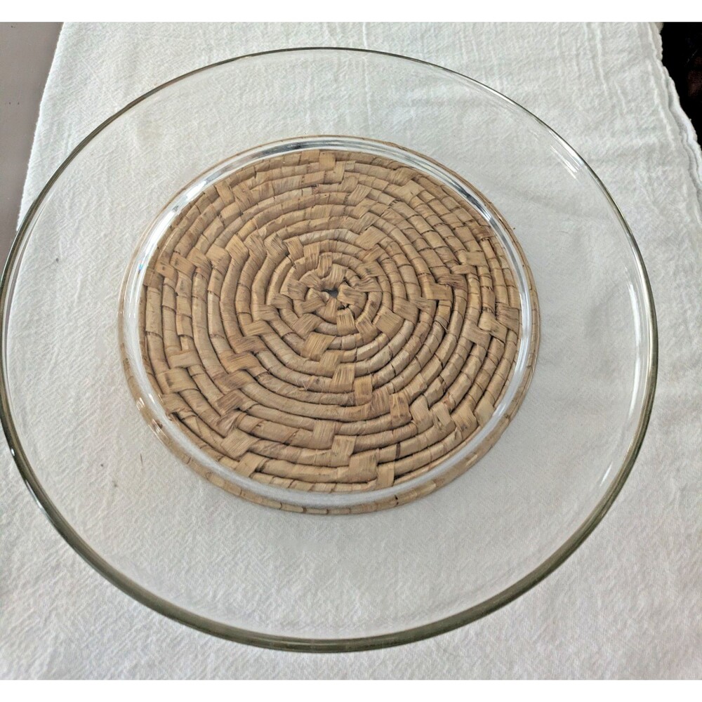 Clear Glass Round Serving Platter Tray with Woven Rattan Wicker Trivet Base